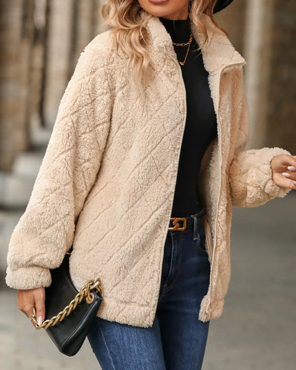 Fuzzy Pocketed Zip Up Jacket