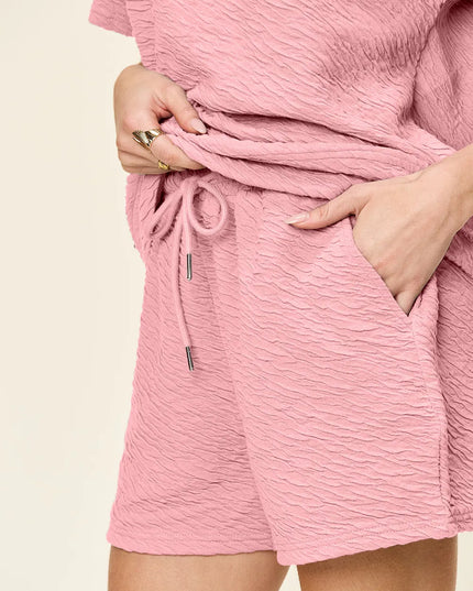 Double Take Full Size Texture Short Sleeve T-Shirt and Drawstring Shorts Set