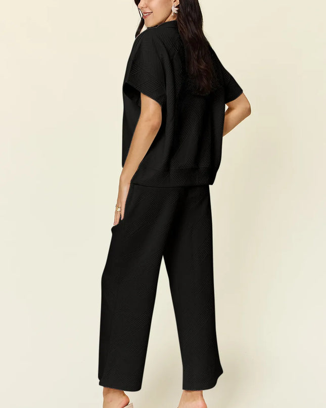 Double Take Full Size Texture Half Zip Short Sleeve Top and Pants Set