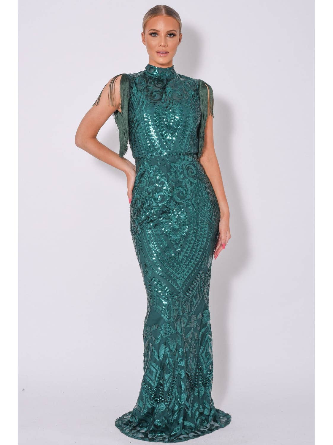 Magic Vip Green Luxe Tassel Fringe Sequin Embellished Illusi. Green