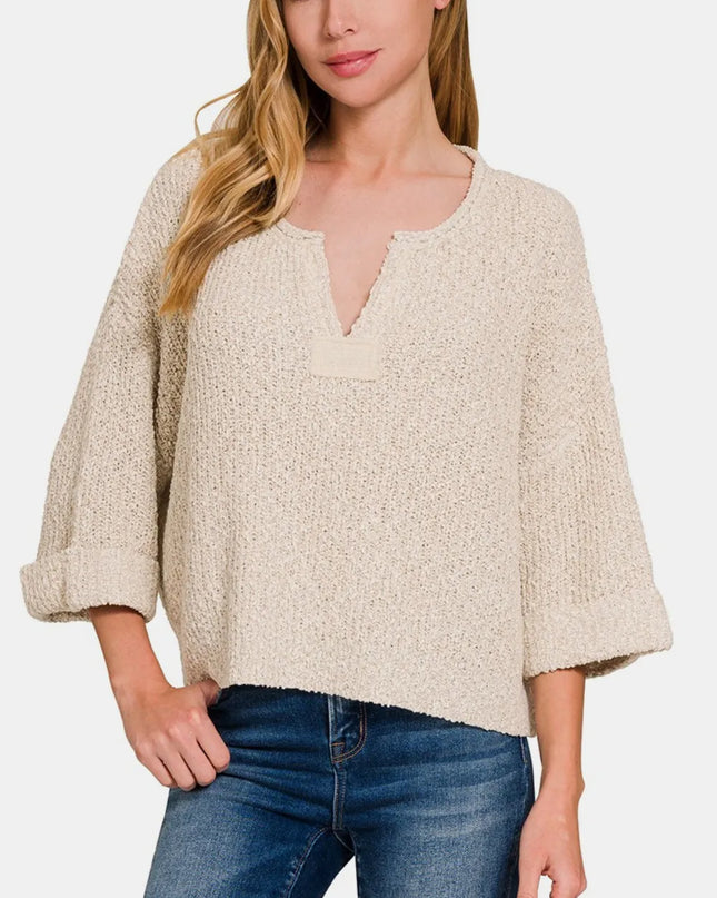 Zenana Notched Side Slit Patch Sweater H Sand Beige