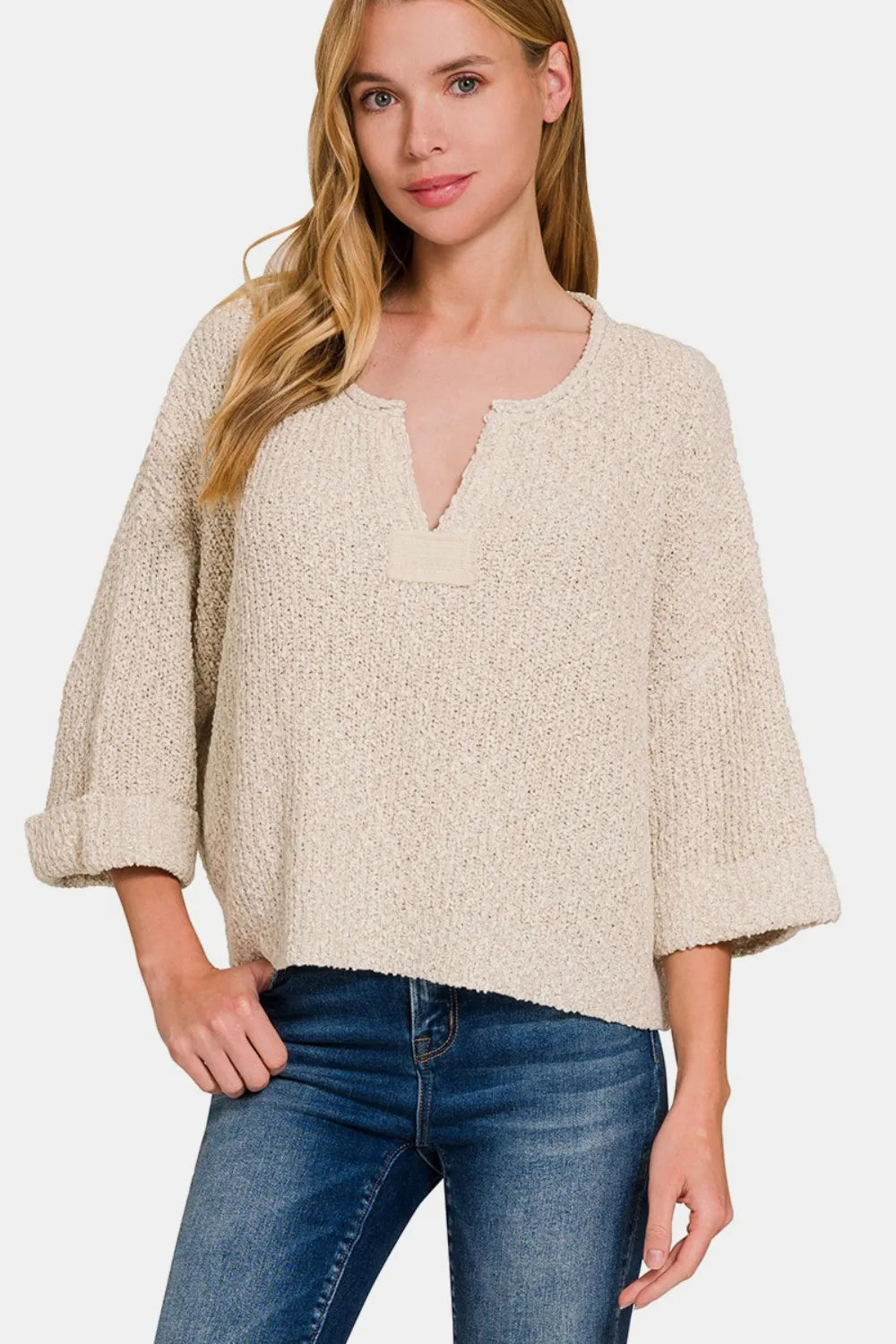 Zenana Notched Side Slit Patch Sweater H Sand Beige