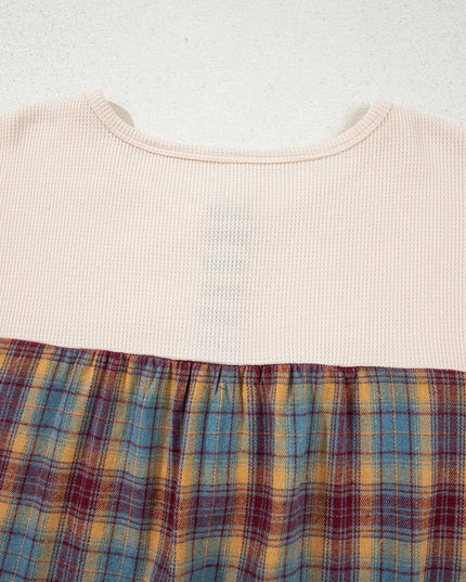 Waffle Stripe Plaid Patchwork Henley Knit Top