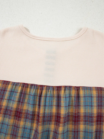 Waffle Stripe Plaid Patchwork Henley Knit Top