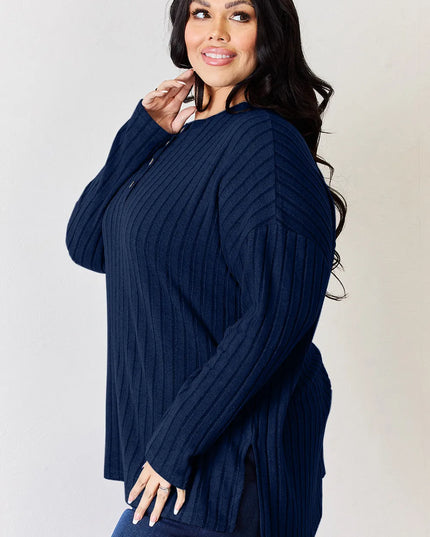 Basic Bae Full Size Ribbed Half Button Long Sleeve High-Low T-Shirt