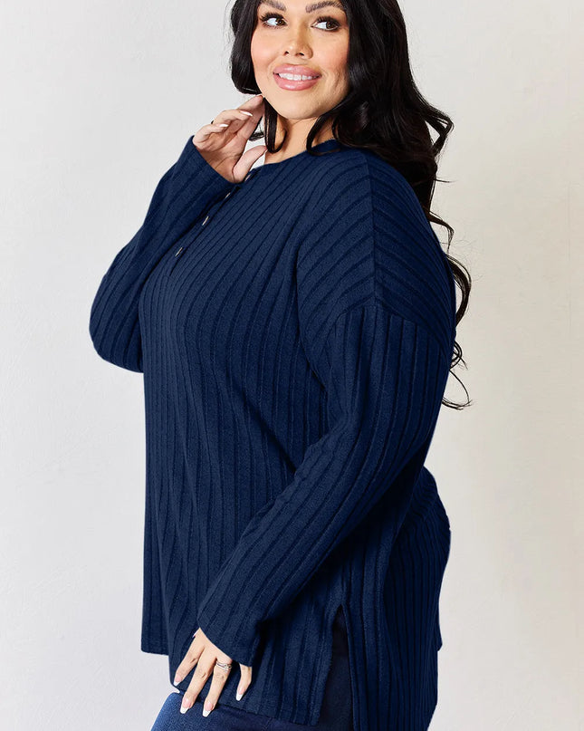 Basic Bae Full Size Ribbed Half Button Long Sleeve High-Low T-Shirt
