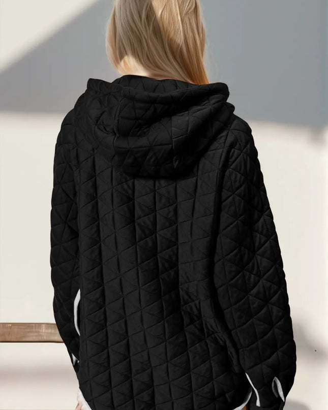 Double Take Contrast Trim Long Sleeve Half Snap Texture Hoodie with Pocket