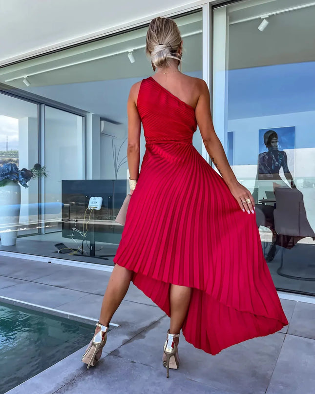 Full Size Single Shoulder Pleated Midi Dress Plus Size 