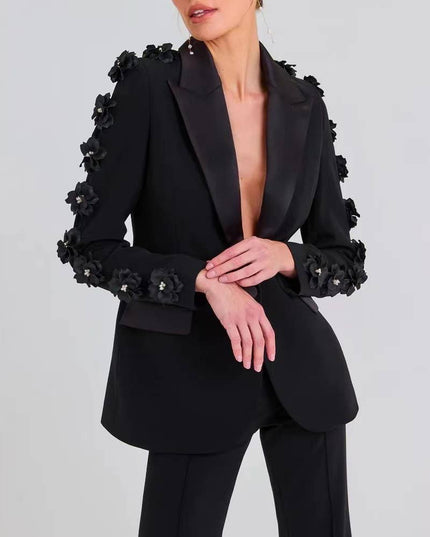 SET6-21 Elegant Floral Ruffle Blazer & Flare Pant Suit