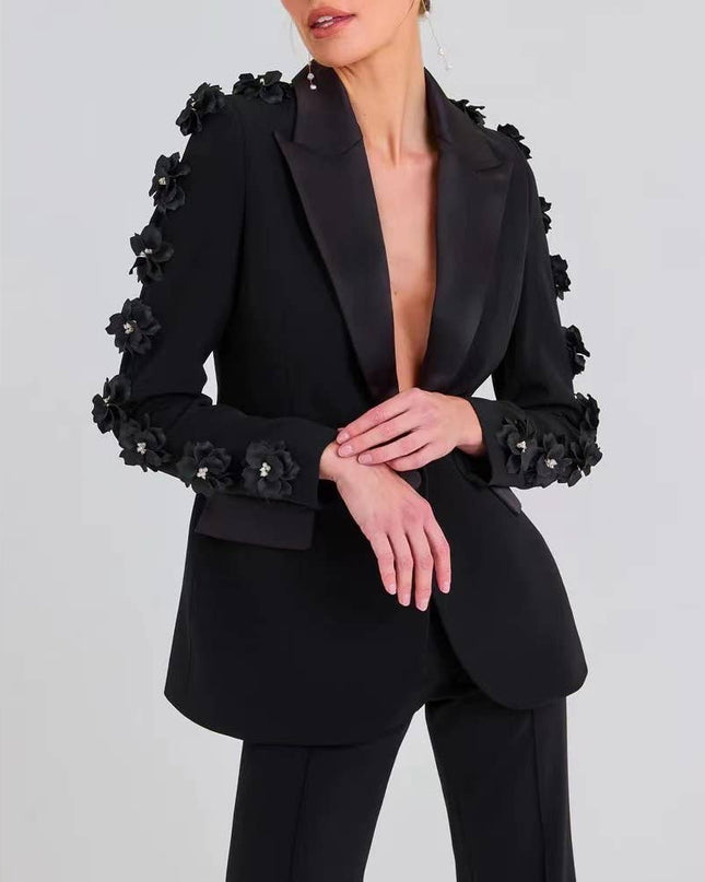 SET6-21 Elegant Floral Ruffle Blazer & Flare Pant Suit