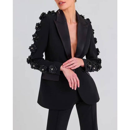 SET6-21 Elegant Floral Ruffle Blazer & Flare Pant Suit