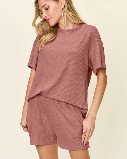 Double Take Full Size Round Neck Short Sleeve T-Shirt and Shorts Set