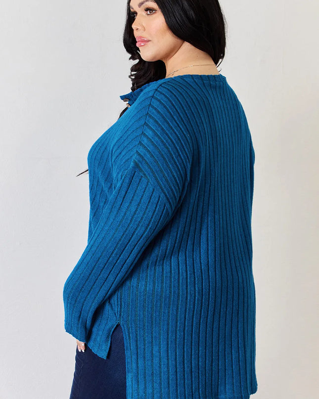 Basic Bae Full Size Ribbed Half Button Long Sleeve High-Low T-Shirt