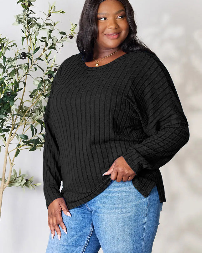 Basic Bae Full Size Ribbed Round Neck Slit Knit Top