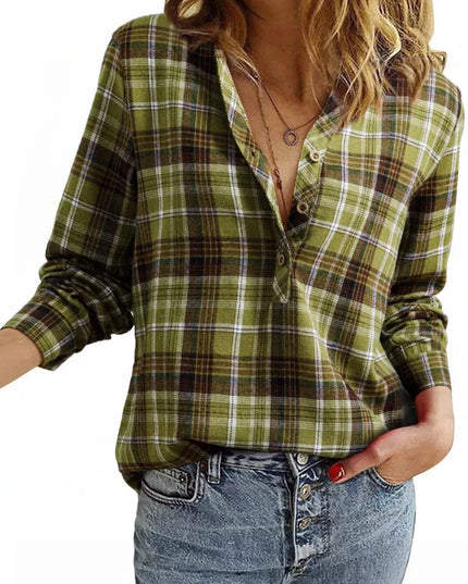 Plaid Half Button Long Sleeve Blouse