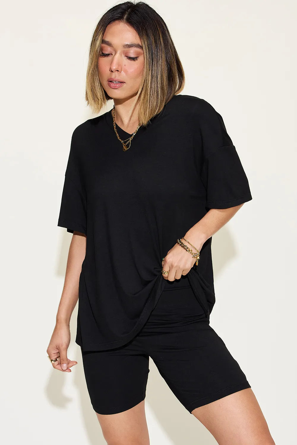 Basic Bae Full Size V-Neck Drop Shoulder T-Shirt and Shorts Set 