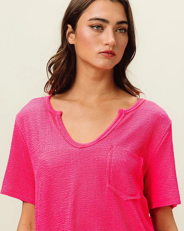 BiBi Waved Rib U Neck Top With Front Pocket