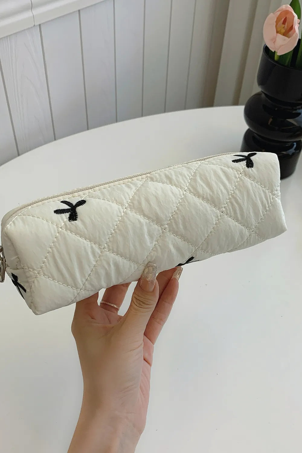 Bow Embroidered Quilted Storage Bag Beige One Size