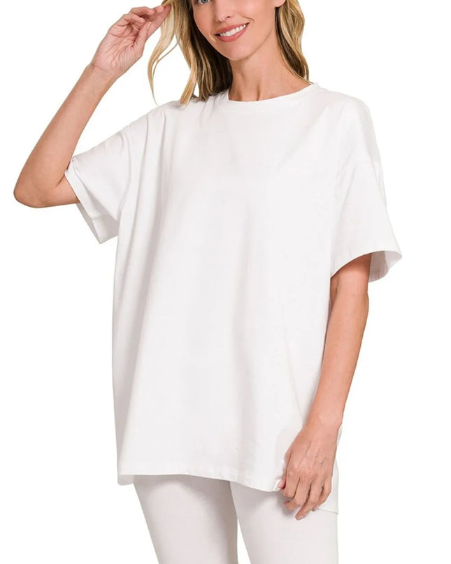 Zenana Cotton Round Neck Top & Biker Shorts WHITE