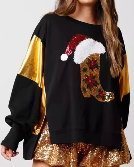 Christmas Sequin Boot Long Sleeve Sweatshirt Black