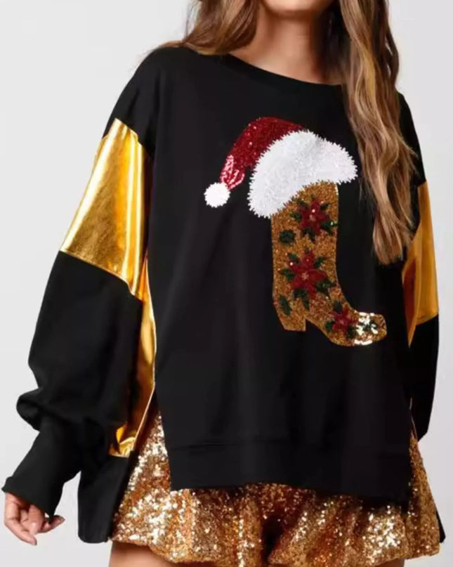 Christmas Sequin Boot Long Sleeve Sweatshirt Black