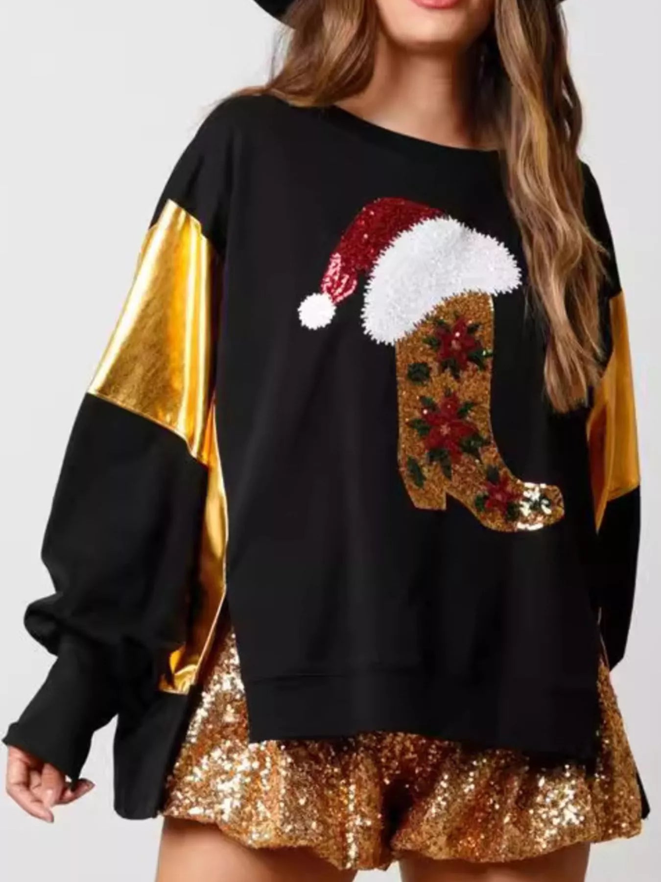 Christmas Sequin Boot Long Sleeve Sweatshirt Black