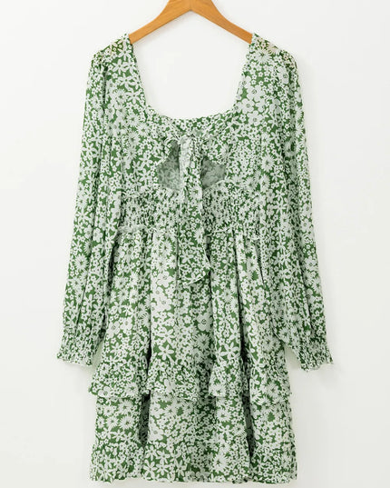 Ruffle Hem Floral Square Neck Long Sleeve Dress