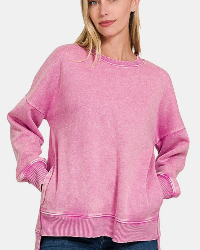 Zenana High-Low Acid Wash Fleece Sweatshirt