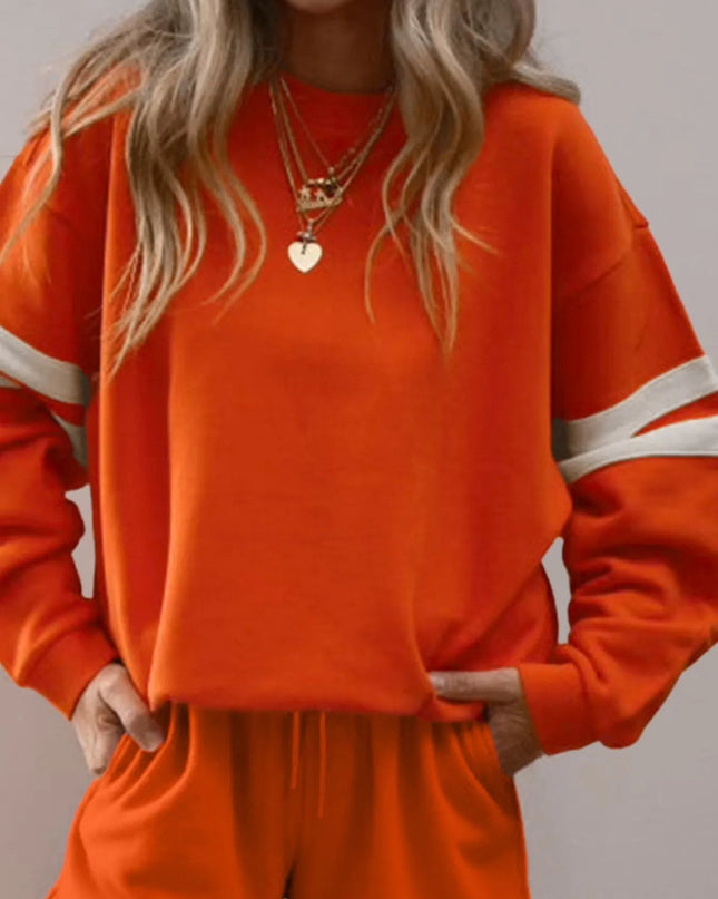 Stripe Round Neck Sweatshirt and Shorts Set