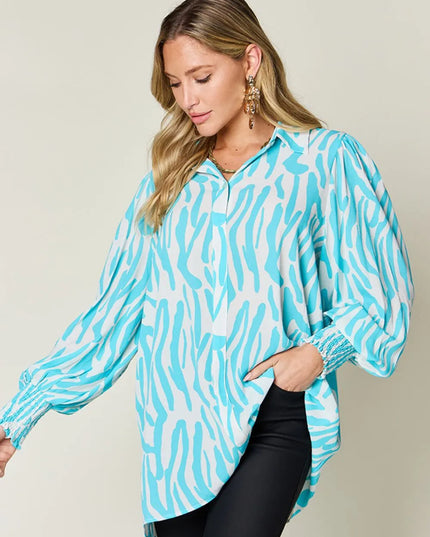 Double Take Full Size Printed Smocked Long Sleeve Blouse Plus Size