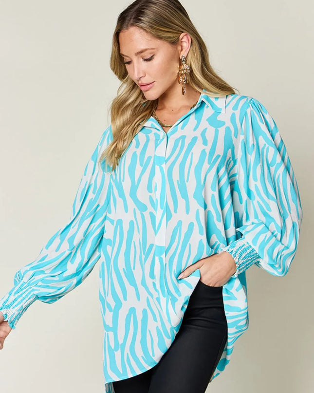 Double Take Full Size Printed Smocked Long Sleeve Blouse Plus Size