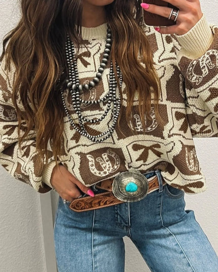 Graphic Round Neck Long Sleeve Sweater
