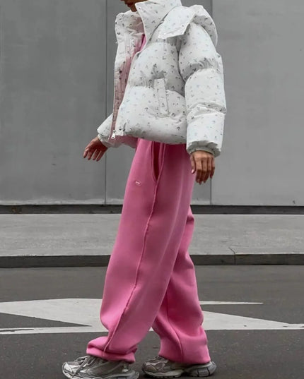 Floral Print Puffer Jacket with Hood