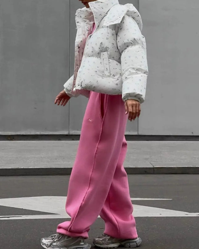 Floral Print Puffer Jacket with Hood