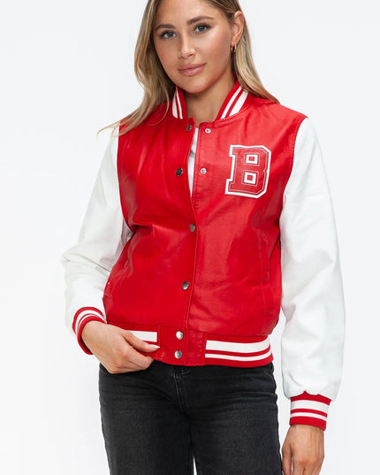 Love Me Now PU Leather Contrast Snap Down Bomber Jacket Red White