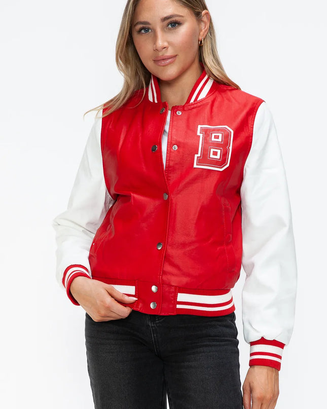 Love Me Now PU Leather Contrast Snap Down Bomber Jacket Red White