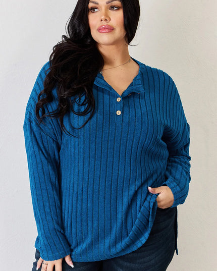 Basic Bae Full Size Ribbed Half Button Long Sleeve High-Low T-Shirt