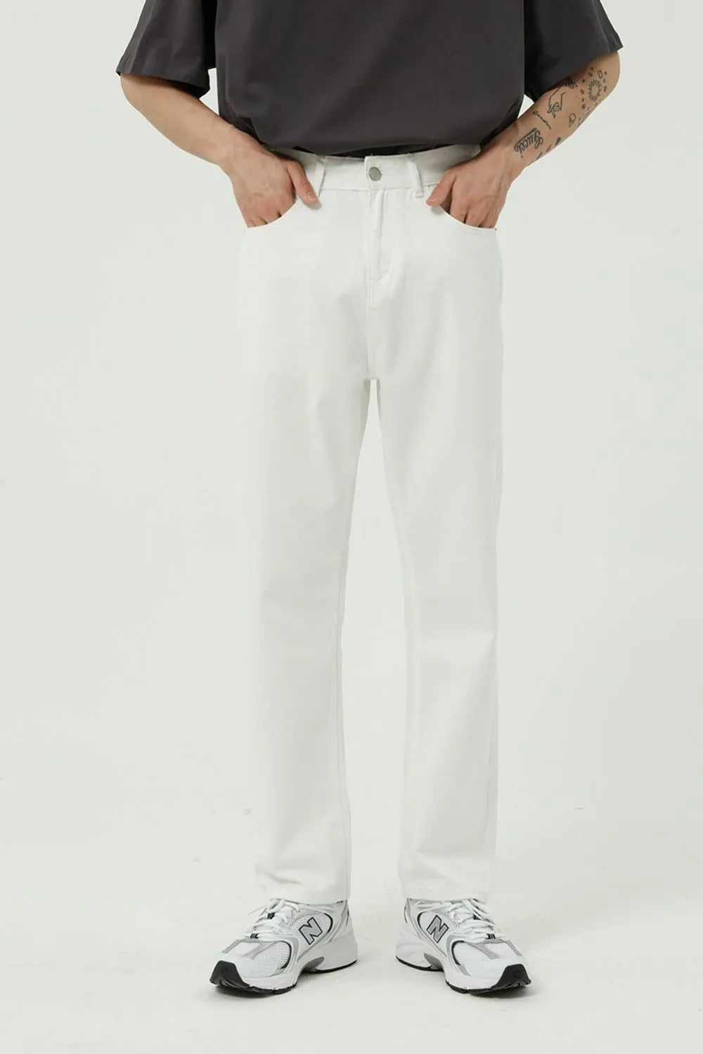 Washed Straight-Leg Slim Jeans Ivory