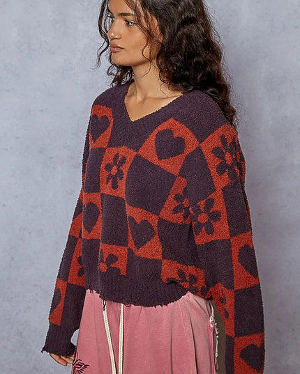 POL V-Neck Heart Pattern Checkered Sweater