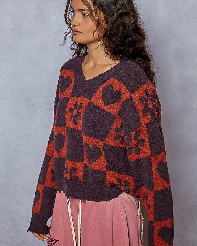 POL V-Neck Heart Pattern Checkered Sweater