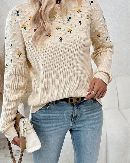 Floral Round Neck Dropped Shoulder Sweater