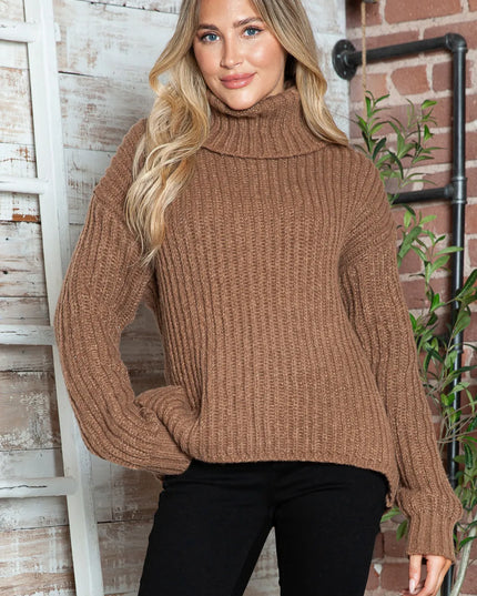 Turtleneck Dropped Shoulder Pullover Sweater Brown
