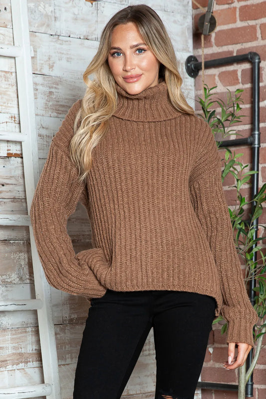 Turtleneck Dropped Shoulder Pullover Sweater Brown