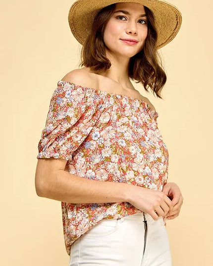 Lime 'N' Chili Floral Print Short Sleeve Off-The-Shoulder Blouse