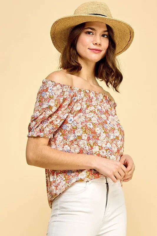 Lime 'N' Chili Floral Print Short Sleeve Off-The-Shoulder Blouse
