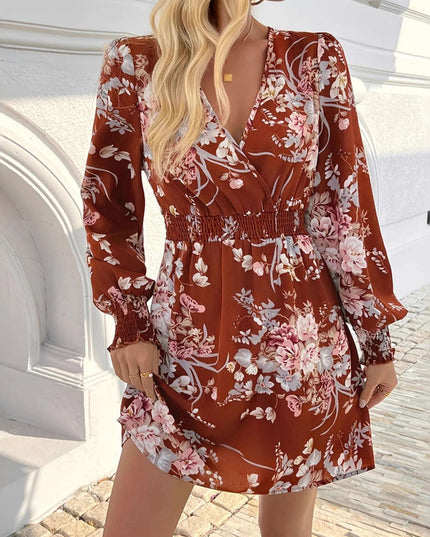 Floral Long Sleeve Mini Dress with Smocked Waist Floral