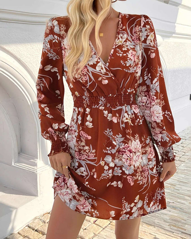 Floral Long Sleeve Mini Dress with Smocked Waist Floral