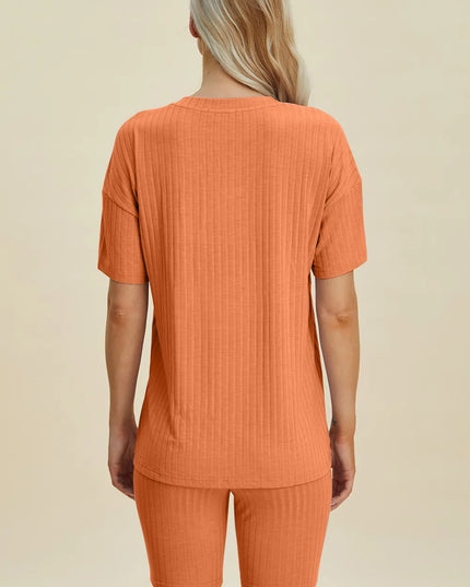 Basic Bae Full Size Ribbed V-Neck Short Sleeve Top and Shorts Set