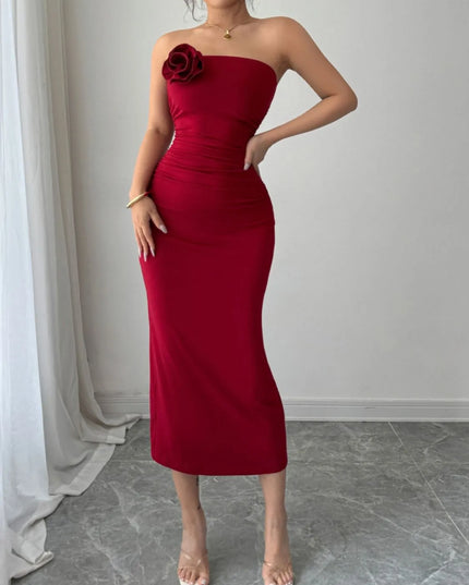 Slit Back Flower Tube Midi Dress 