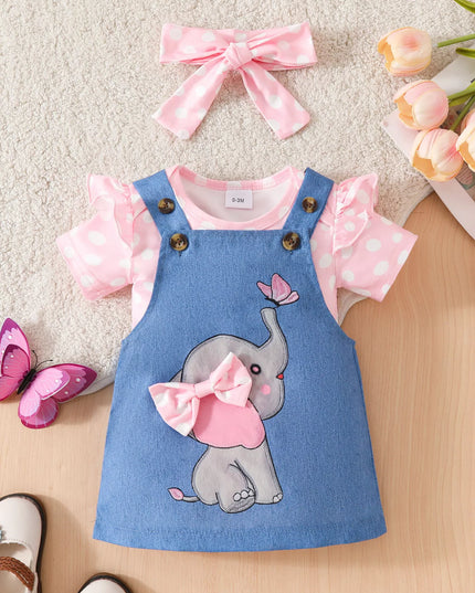 Children's Polka Dot Bodysuit & Denim Overall Dress & Headband Set